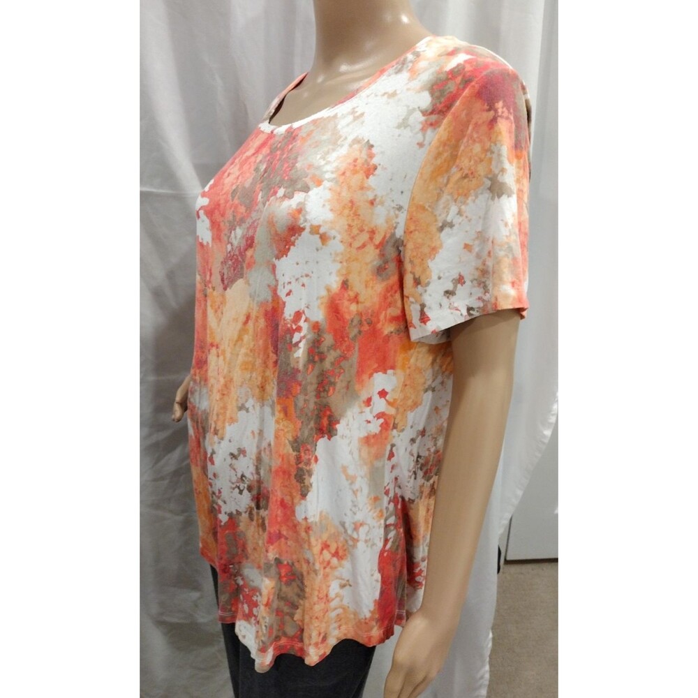 JM Collection Women's Large Orange Peach Coral Soft Stretch Short Sleeve Blouse - Picture 3 of 6